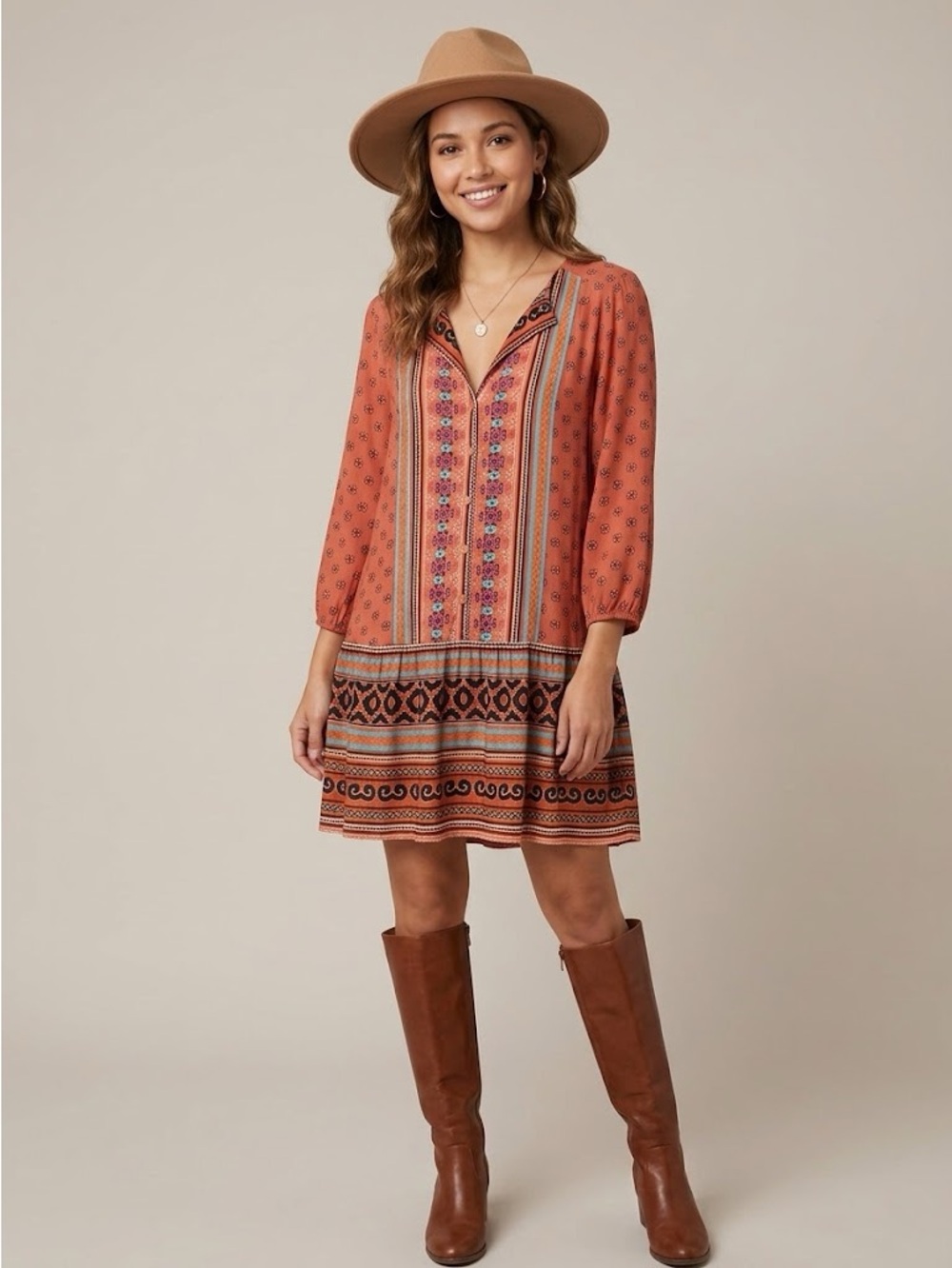JACK Boho Tunic Dress Small Coral Teal Mixed Geometric Printed Ruffle Hem Rayon